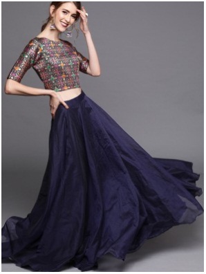 Navy Blue & GoldToned Woven Design Chanderi Lehenga